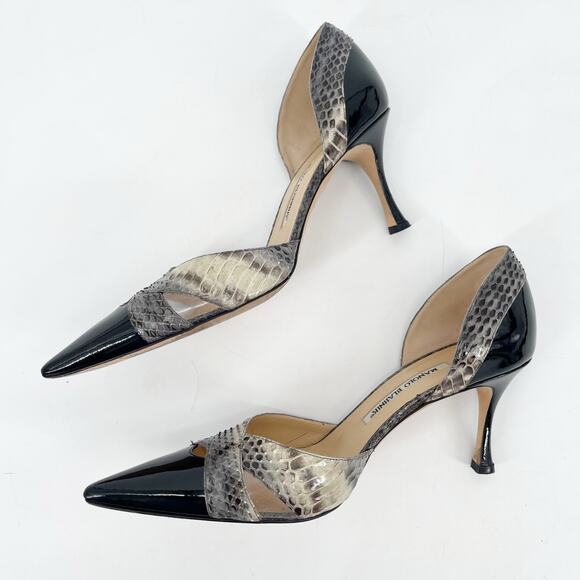 Manolo Blahnik Black Patent Snakeskin Plexi D’Orsay Pointed Toe Heels IT 40 - Picture 5 of 13
